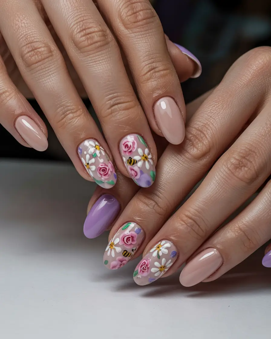 sophisticated trendy spring nails 2026 Spring Floral Garden Almond With Playful Detail