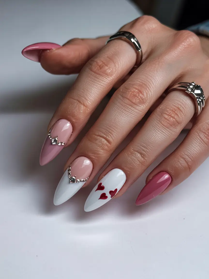 sophisticated trendy spring nails 2026 Heart Accents And Soft Pink Almonds With Romantic Spring Detail