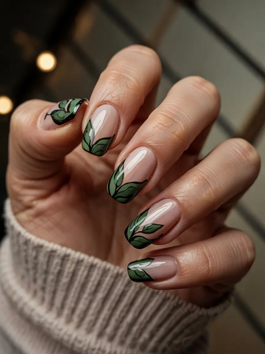 sophisticated trendy spring nails 2026 Botanical Green Tips With Modern Leaf Silhouettes