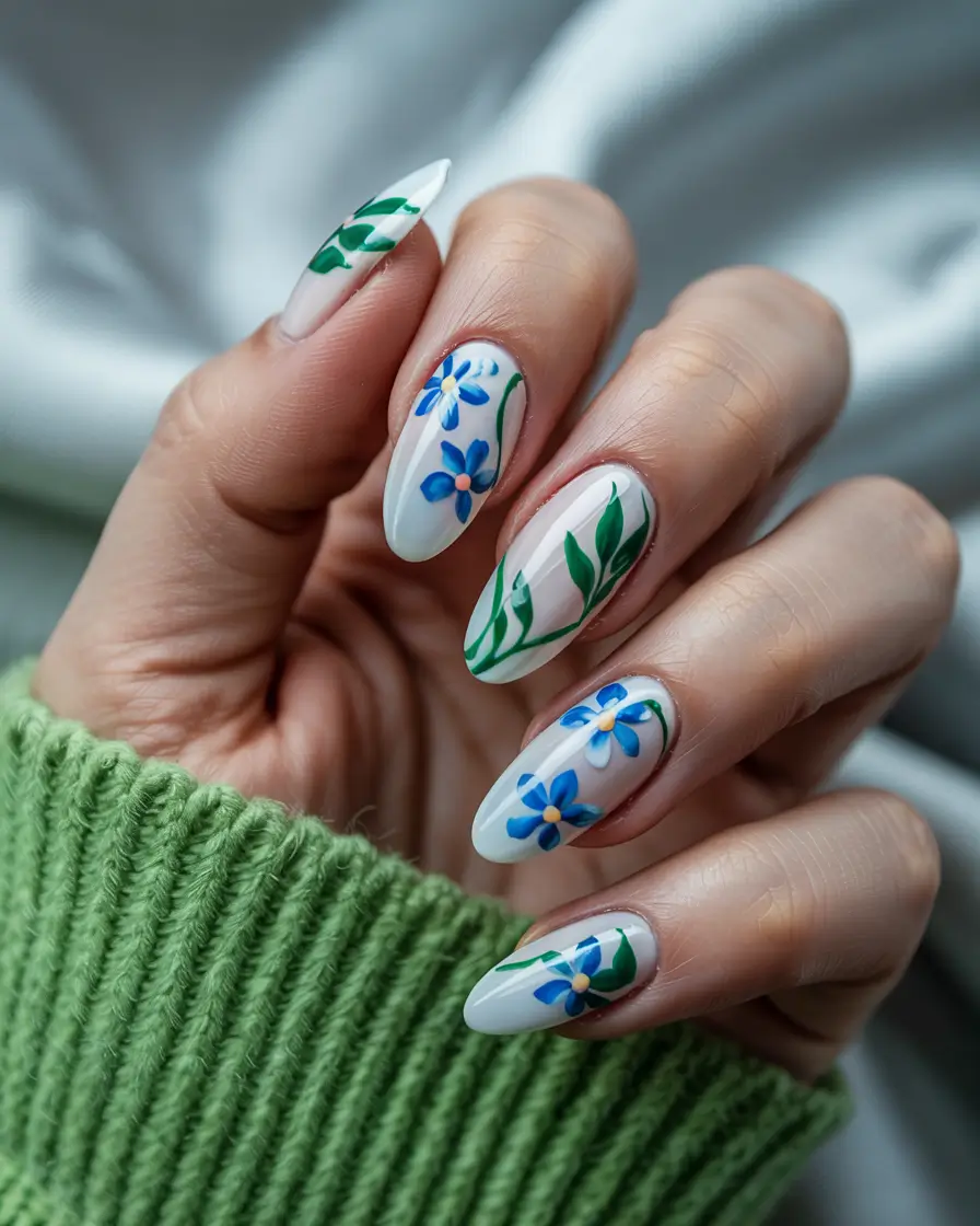 sophisticated trendy spring nails 2026 Blue Floral Almonds With Fresh Spring Garden Energy