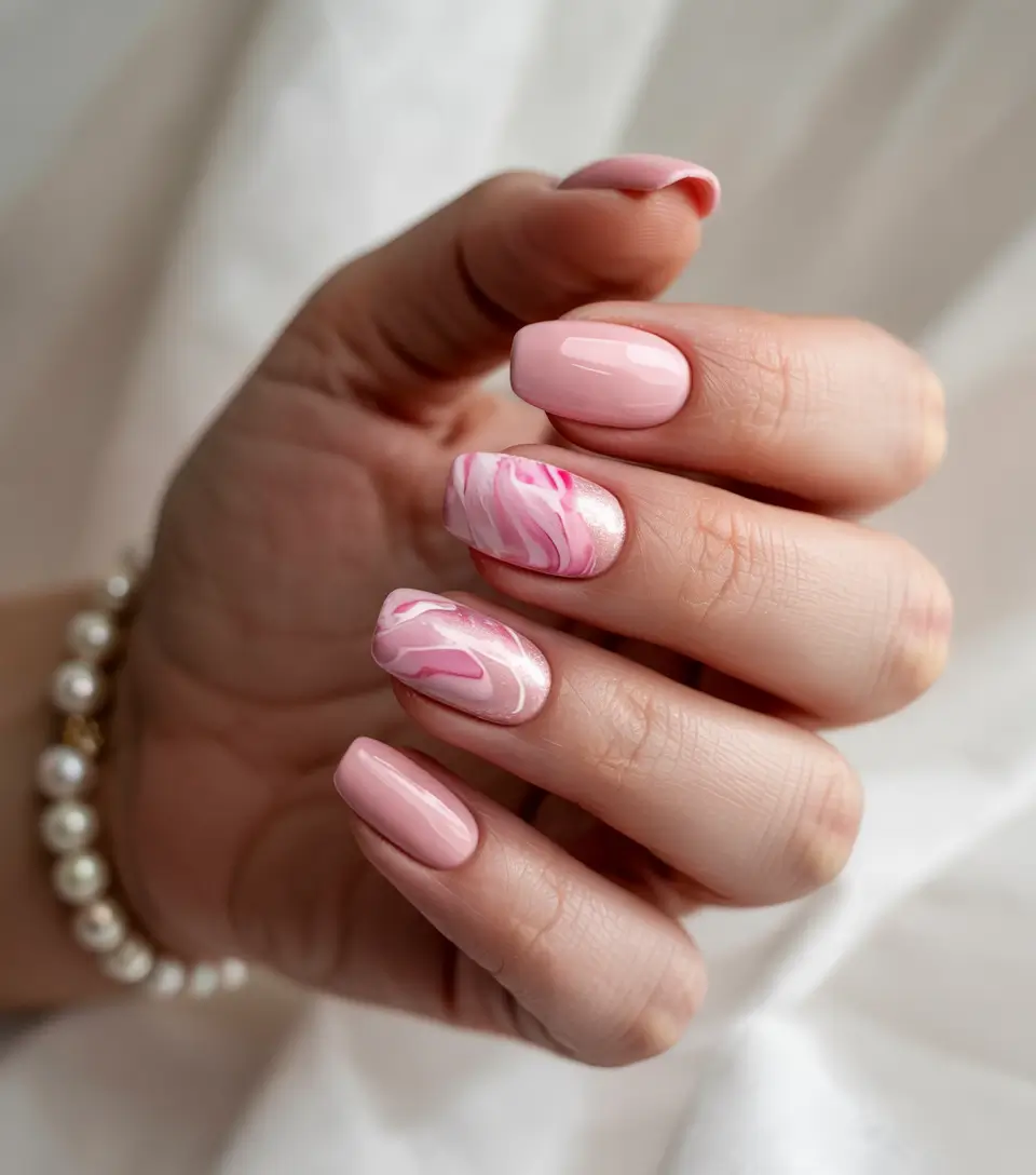 sophisticated trendy spring nails 2026 Soft Pink Marble Flow With Delicate Spring Warmth