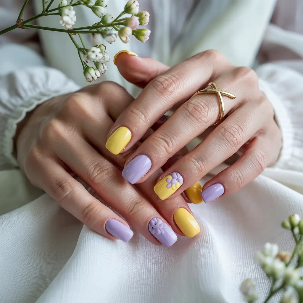 sophisticated trendy spring nails 2026 Lavender And Yellow Daisy Mix With Playful Spring Charm