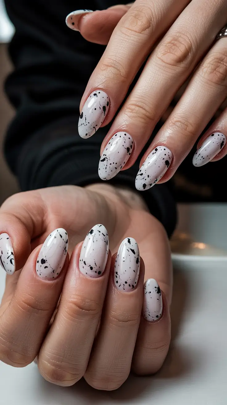 sophisticated trendy spring nails 2026 Speckled Almond Neutrals With Artistic Edge