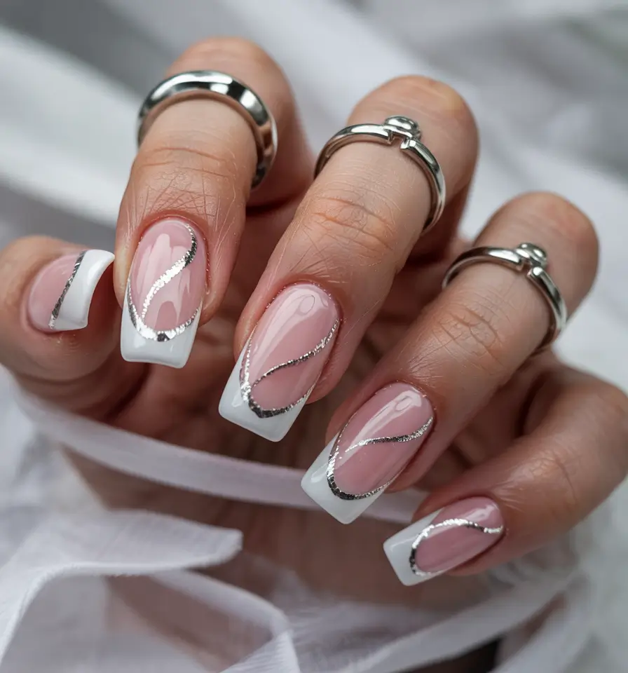 sophisticated trendy spring nails 2026 Silver Ribbon French On Soft Pink Base