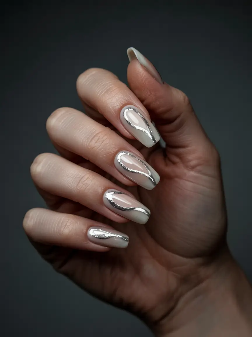 sophisticated trendy spring nails 2026 Minimalist Silver Contours On Cream Almond Nails