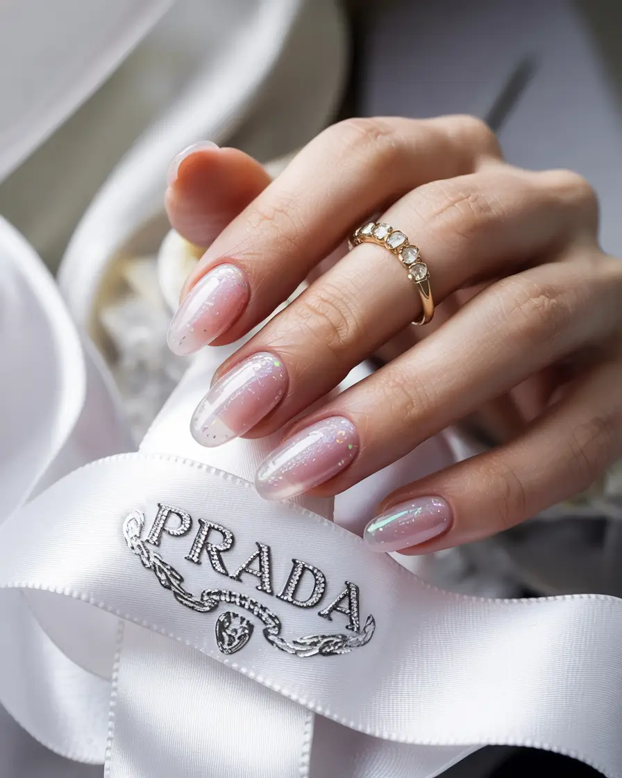 sophisticated trendy spring nails 2026 Iridescent Sheer Pink With Soft Spring Sparkle