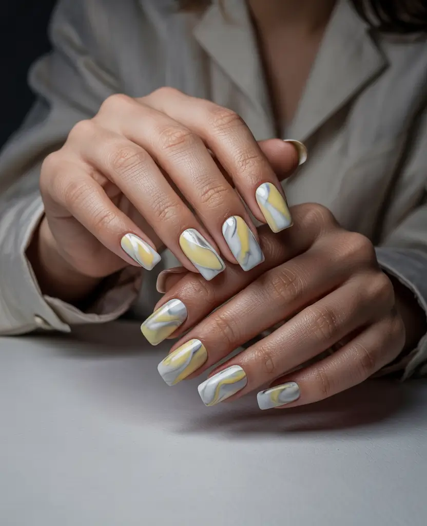 sophisticated trendy spring nails 2026 Marble Cream And Yellow With Sculpted Movement