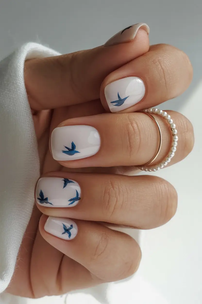 spring nail design 2026 Blue Swallows In Gentle Spring Motion