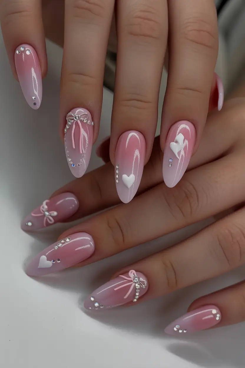spring nail design 2026 Pink Ballet Ribbons And Crystal Glow