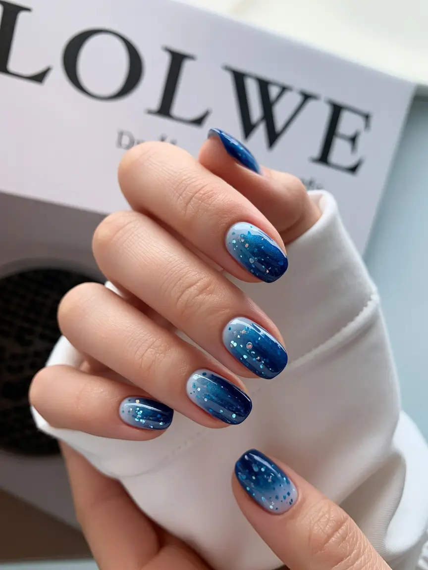 spring nail design 2026 Deep Blue Glitter Cascade