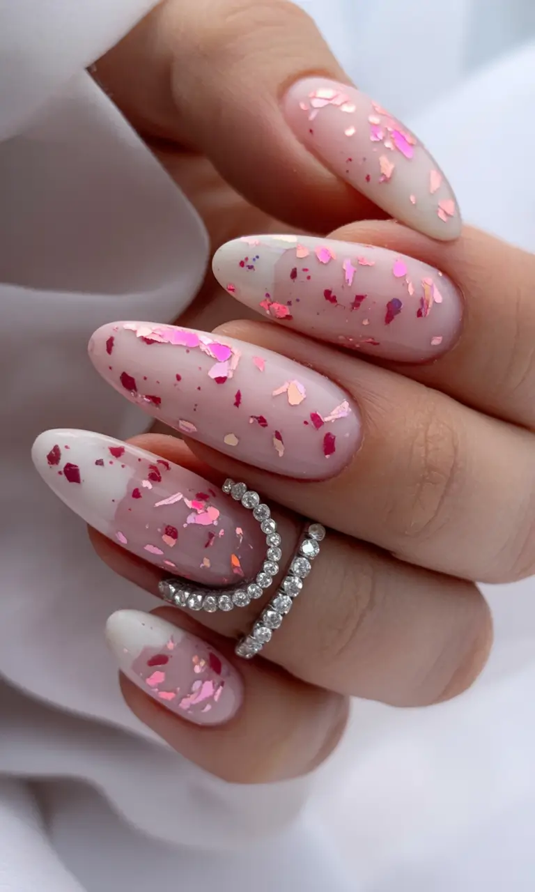 spring nail design 2026 Pink Confetti Almond Glow