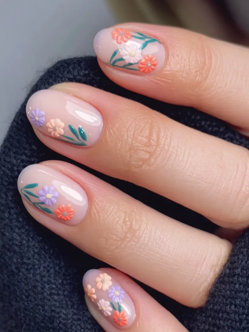 spring nail design 2026 Pastel Blossoms In Miniature Garden Style