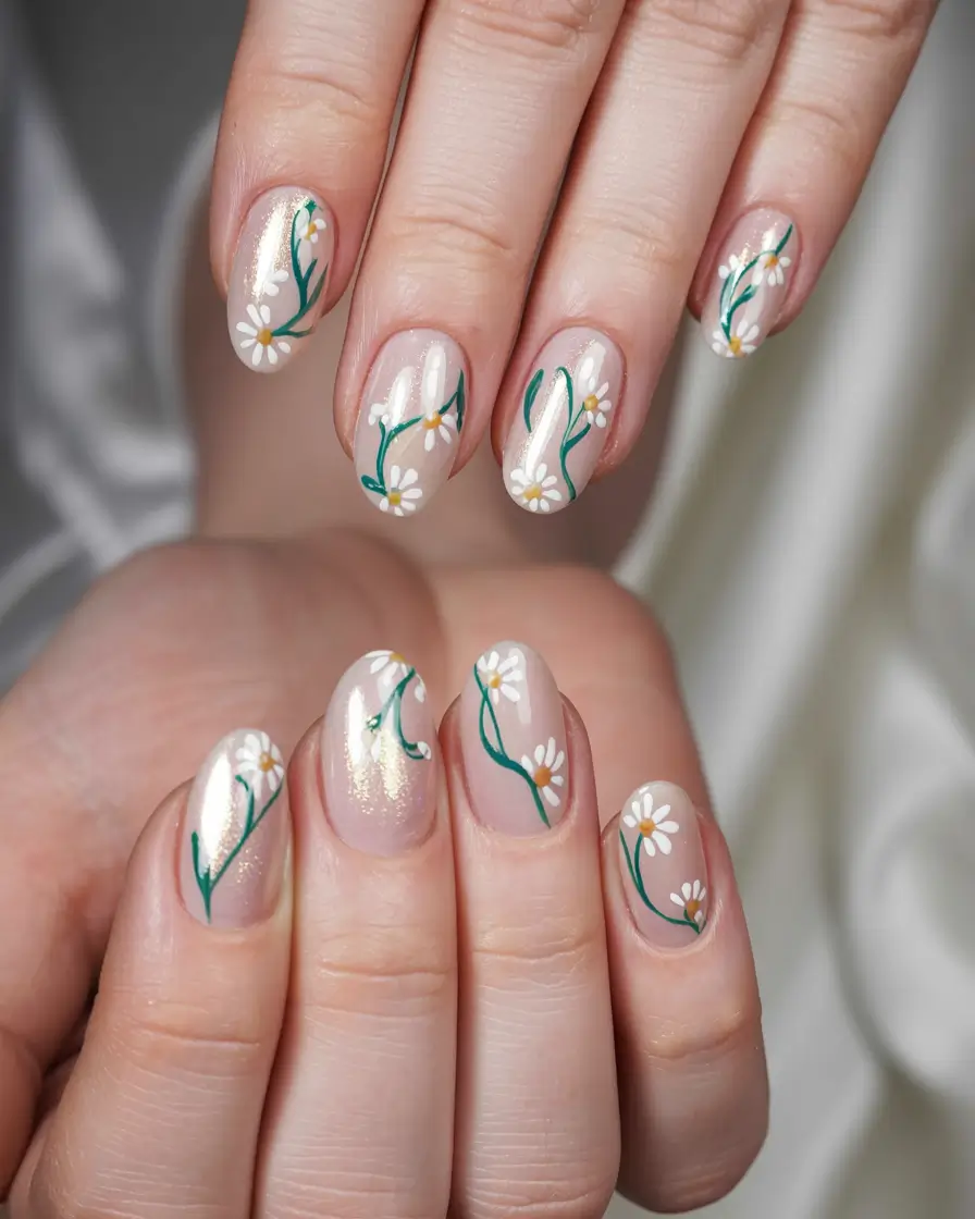 spring nail design 2026 Golden Daisy Trails With Spring Shimmer
