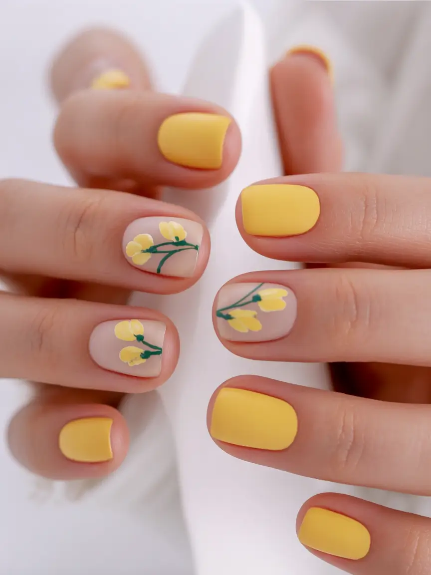 spring nail design 2026 Golden Mimosa Blossoms