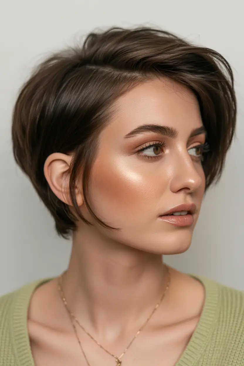 stylish spring long pixie haircut 2026 Polished Brunette Long Pixie with Deep Side Part