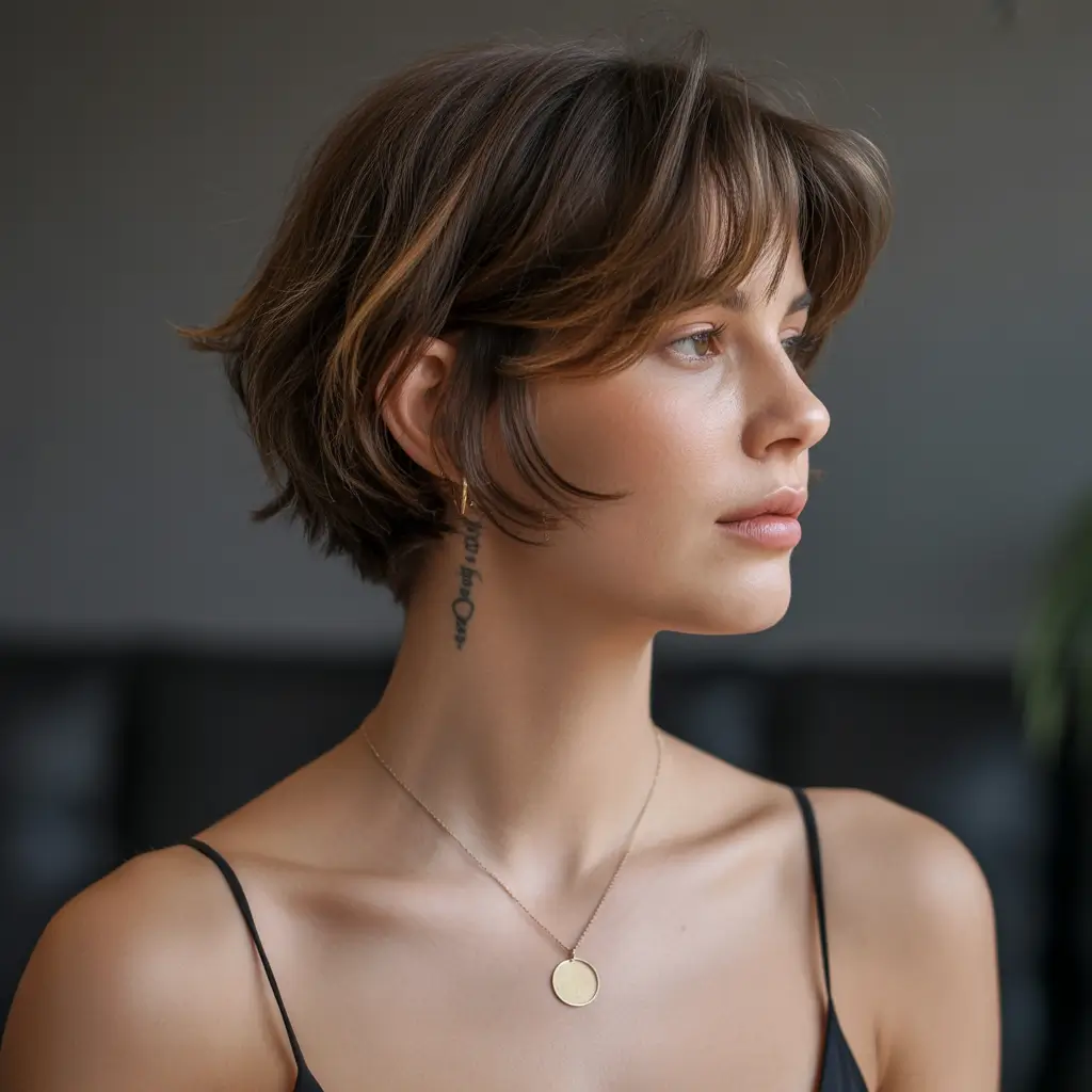 stylish spring long pixie haircut 2026 Soft Layered Brunette Long Pixie with Curtain Fringe