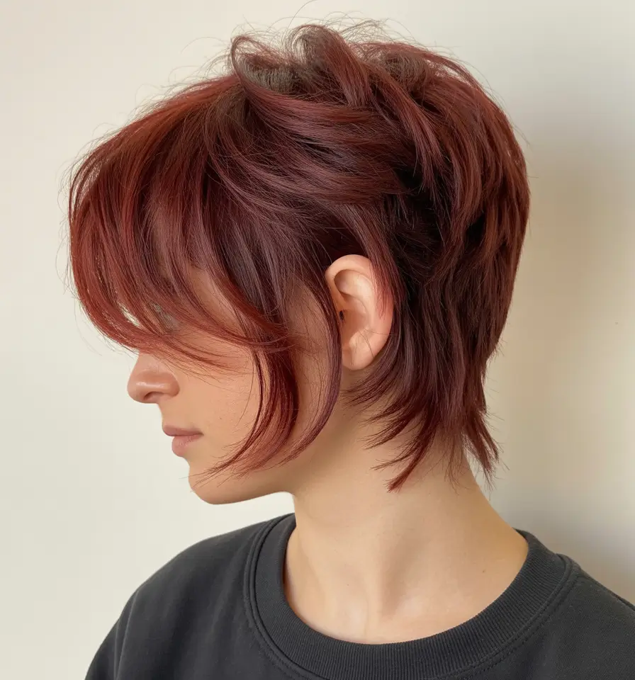 stylish spring long pixie haircut 2026 Deep Auburn Layered Long Pixie with Airy Fringe