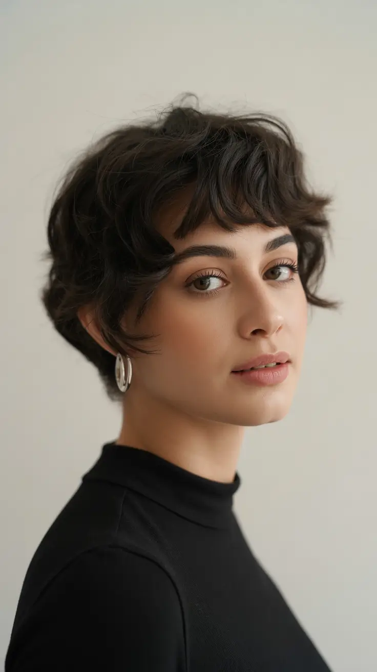 stylish spring long pixie haircut 2026 Soft Curly Brunette Long Pixie with Natural Movement