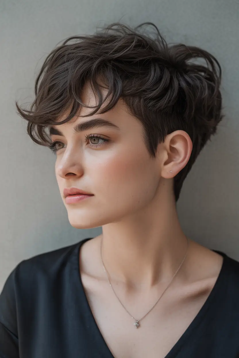 stylish spring long pixie haircut 2026 Textured Brunette Long Pixie with Crown Volume