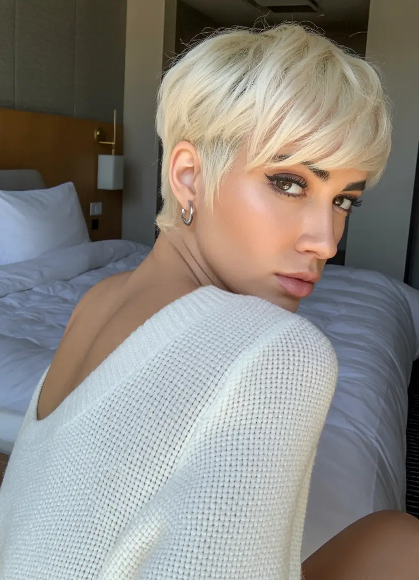 stylish spring long pixie haircut 2026 Platinum Blonde Layered Pixie with Textured Bangs