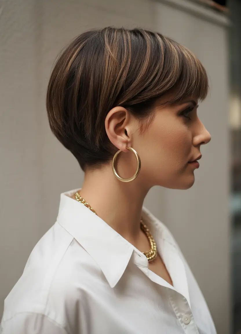 stylish spring long pixie haircut 2026 Classic Brunette Long Pixie with Smooth Contour