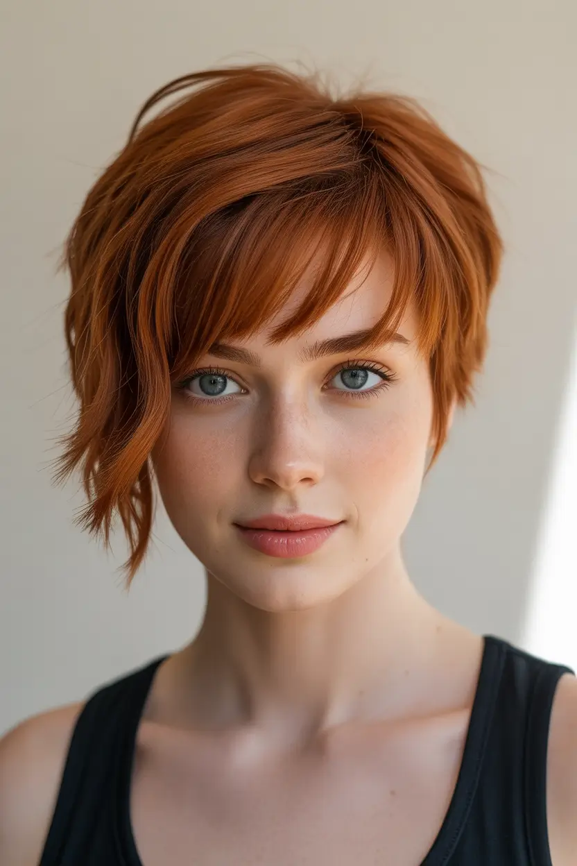stylish spring long pixie haircut 2026 Soft Ginger Long Pixie with Side Swept Texture