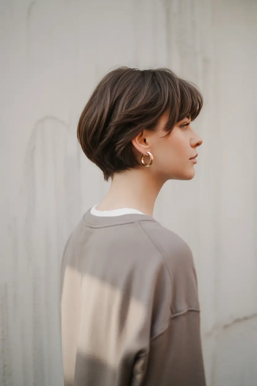stylish spring long pixie haircut 2026 Classic Brunette Long Pixie with Rounded Back