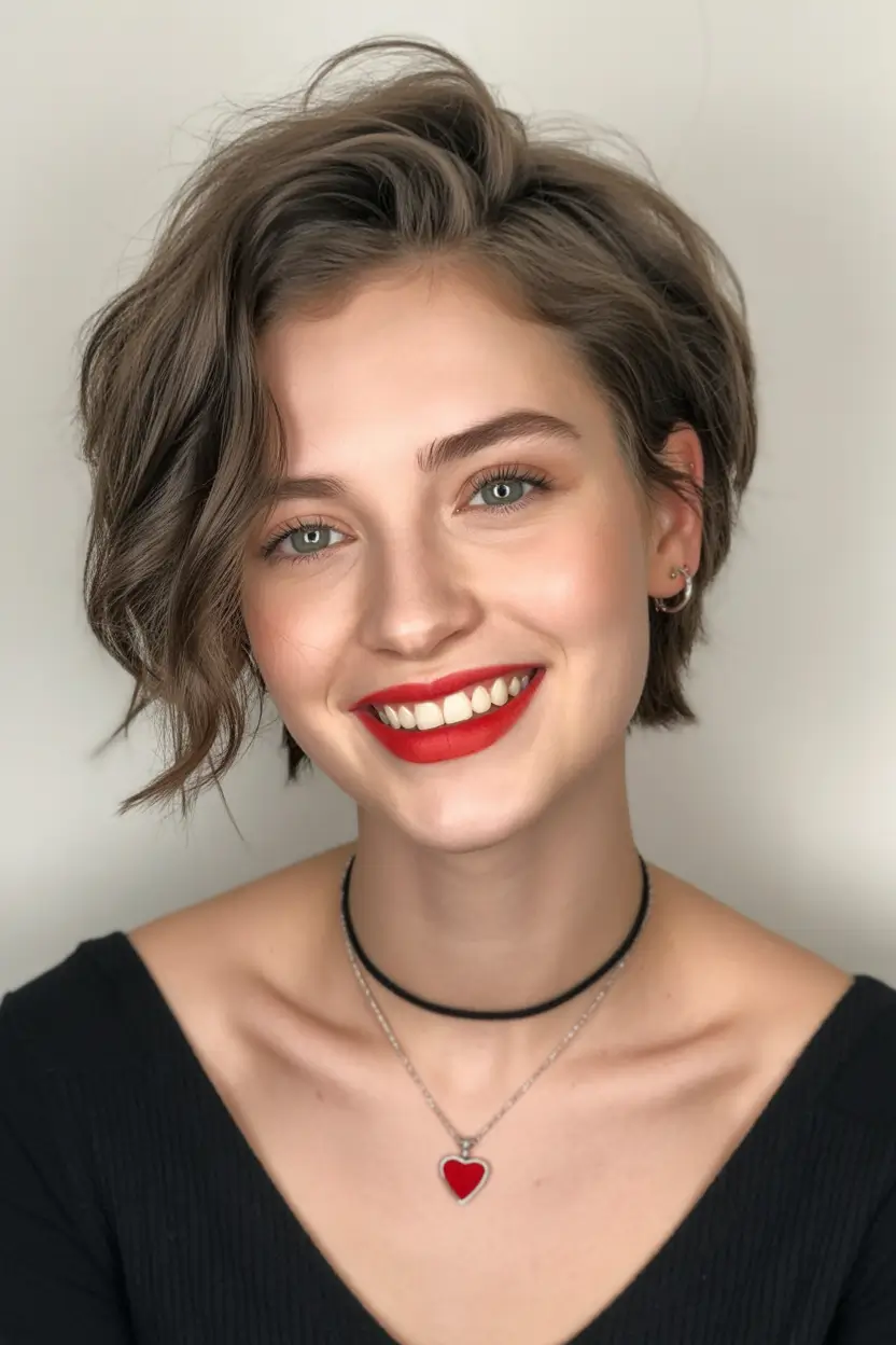 stylish spring long pixie haircut 2026 Wavy Brunette Long Pixie with Romantic Volume