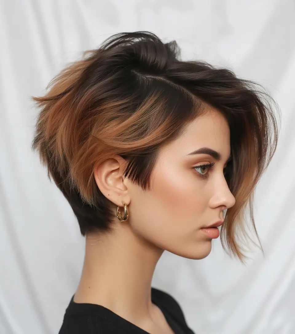 stylish spring long pixie haircut 2026 Warm Toned Asymmetrical Long Pixie with Undercut Detail