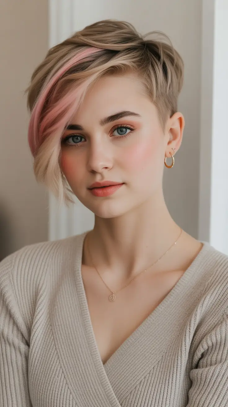 stylish spring long pixie haircut 2026 Blonde Long Pixie with Blush Pink Sweep