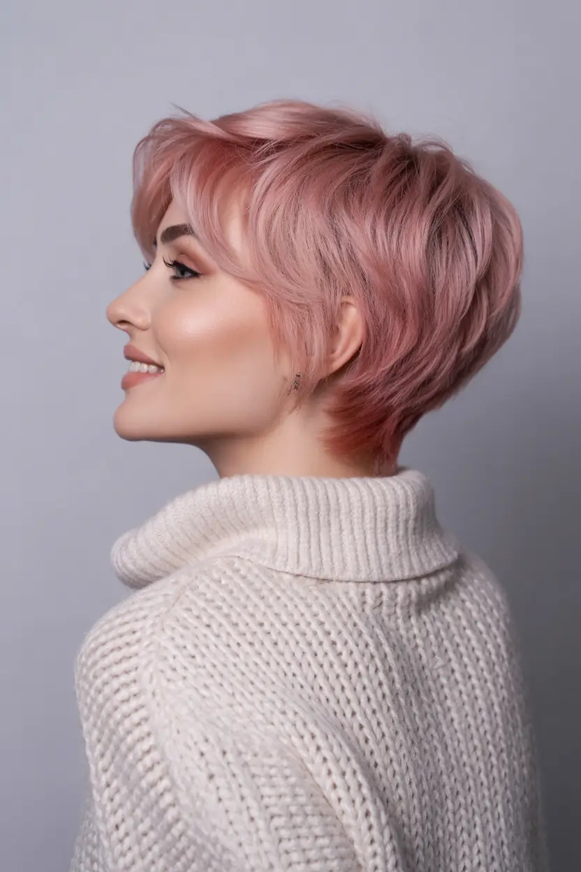 stylish spring long pixie haircut 2026 Soft Rose Layered Pixie for Women Over 40