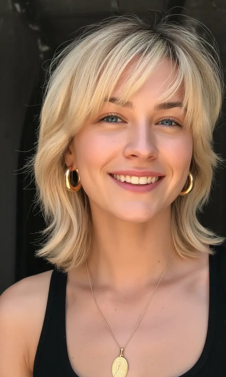 stylish spring mullet haircut for woman 2026 Soft Blonde Medium Mullet with Feathered Layers