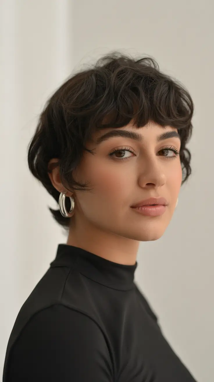 stylish spring mullet haircut for woman 2026 Soft Cropped Brunette Mullet with Curved Fringe