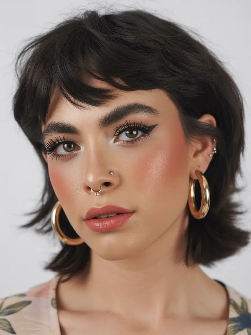 stylish spring mullet haircut for woman 2026 Classic Dark Shag Mullet with Defined Fringe