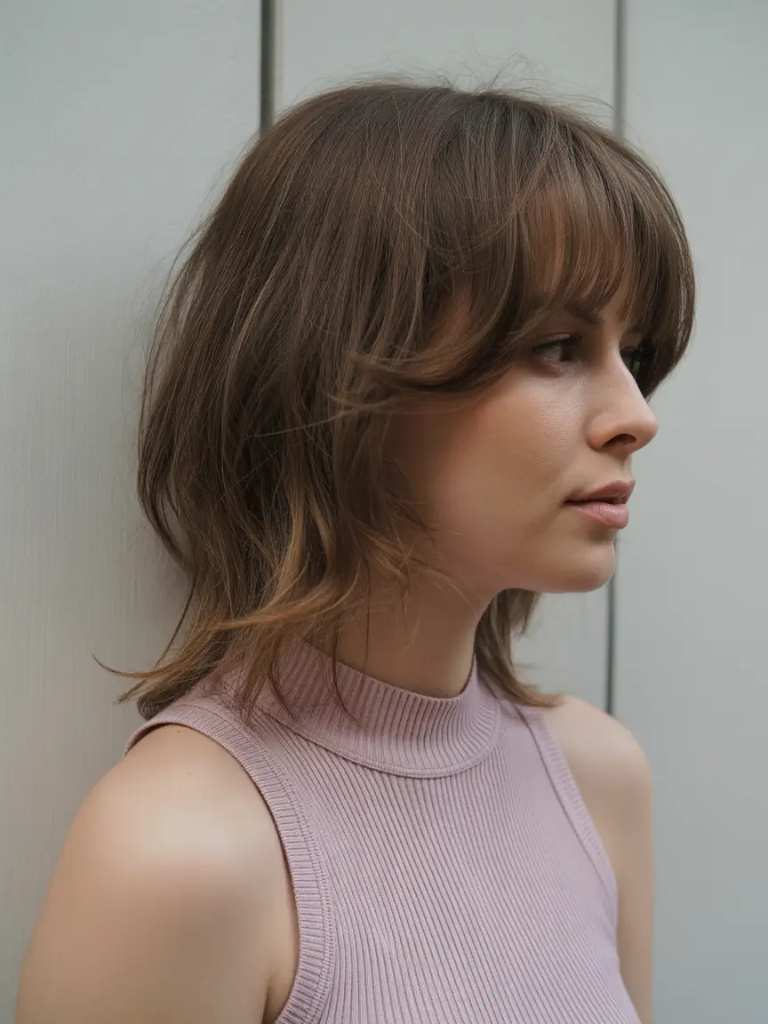 stylish spring mullet haircut for woman 2026 Layered Medium Shag Mullet with Soft Curtain Fringe