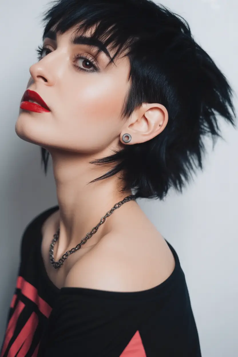 stylish spring mullet haircut for woman 2026 Edgy Shaggy Black Mullet with Sharp Bangs