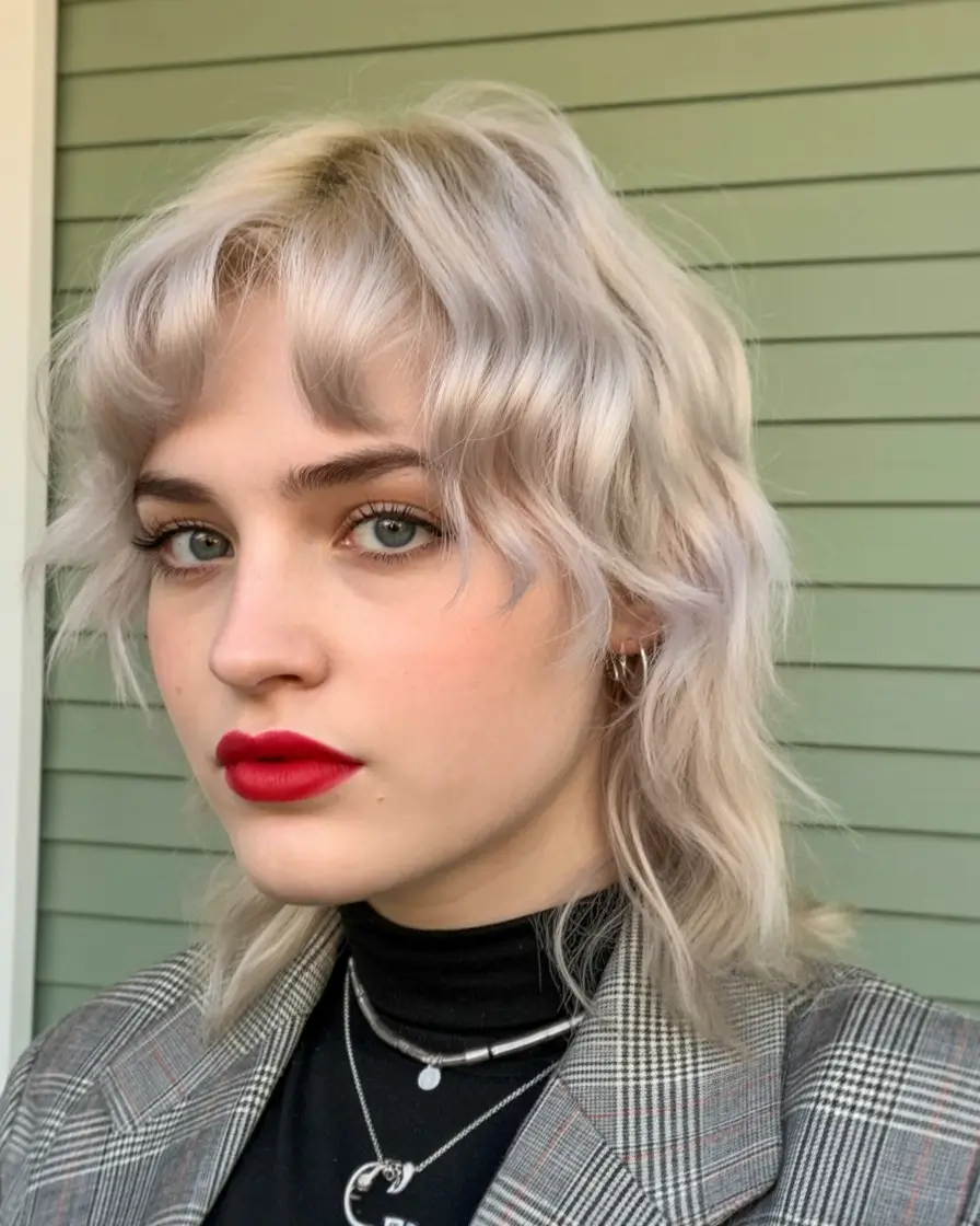 stylish spring mullet haircut for woman 2026 Platinum Shaggy Medium Mullet with Soft Bangs