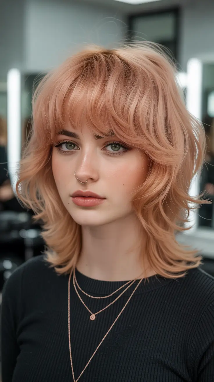 stylish spring mullet haircut for woman 2026 Peachy Curly Fairy Mullet with Voluminous Crown