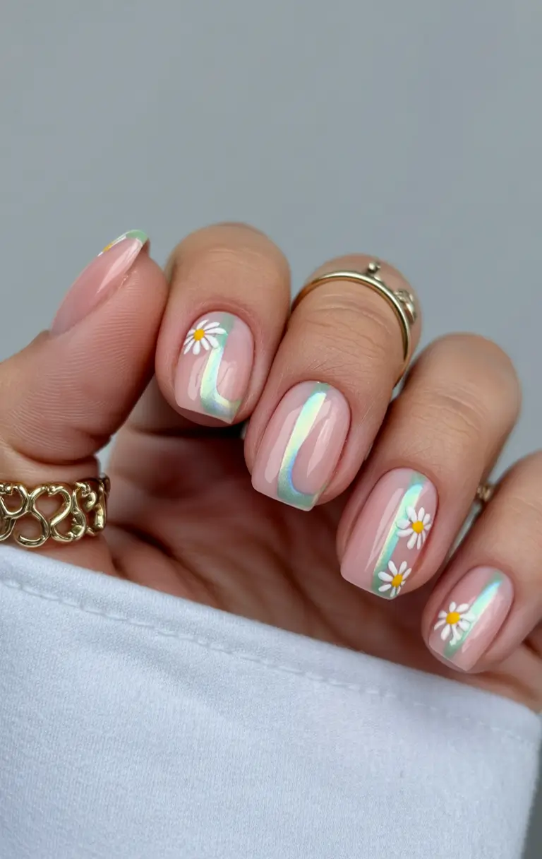 summer spring break nails 2026 Mint Shimmer Daisy Nails for a Fresh Spring Break Glow