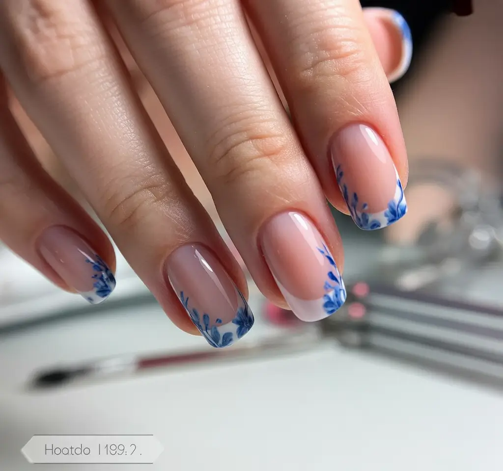 summer spring break nails 2026 Blue Floral French Tips with a Delicate Touch