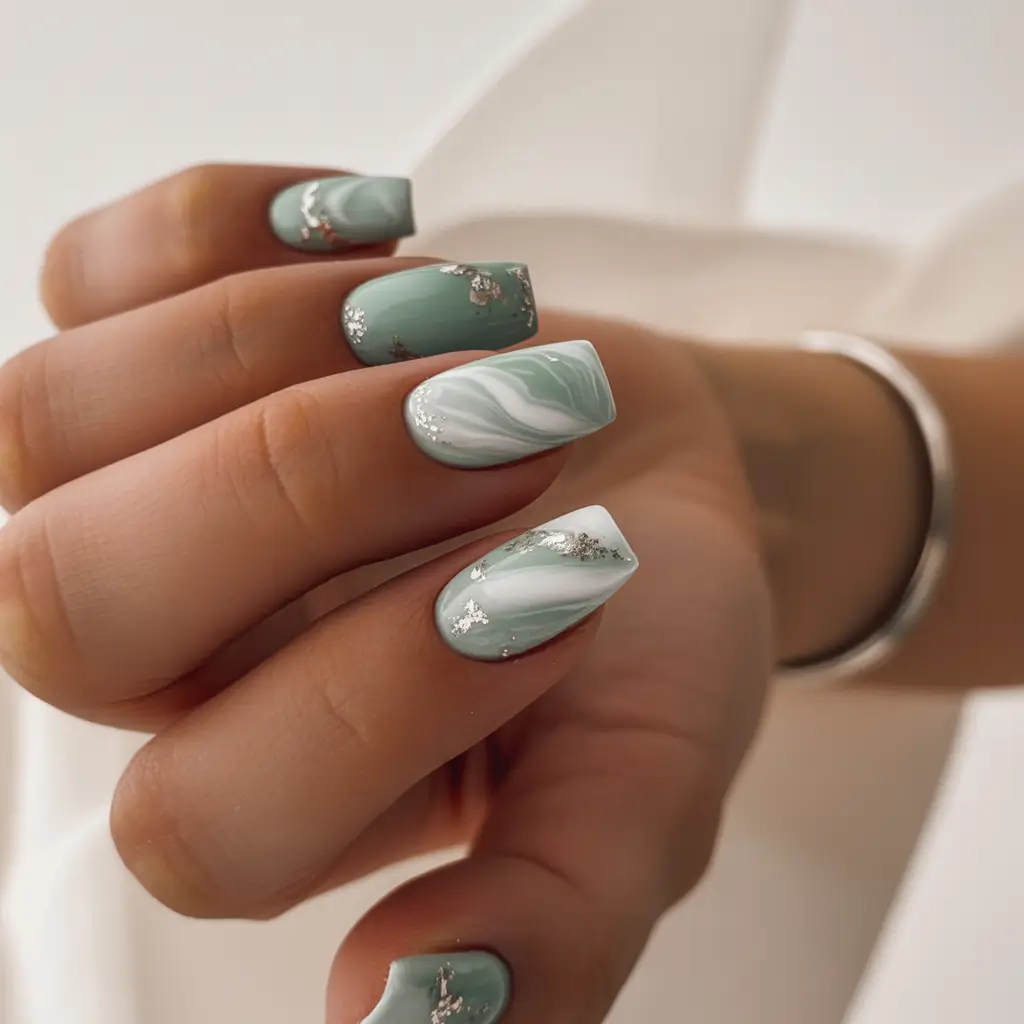 summer spring break nails 2026 Mint Marble Nails with Silver Leaf Accents