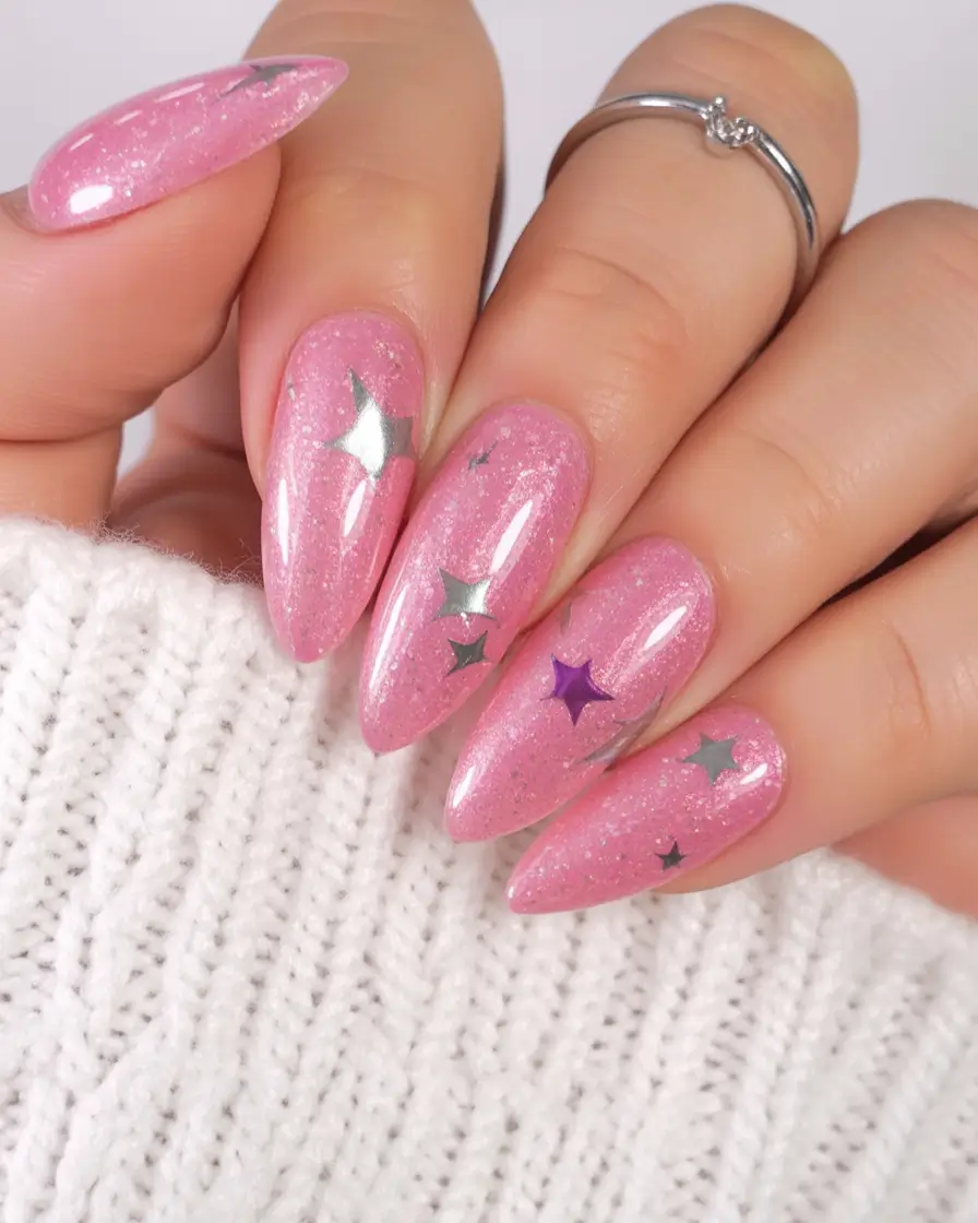 summer spring break nails 2026 Pink Star Sparkle Nails for a Whimsical Spring Break Glow