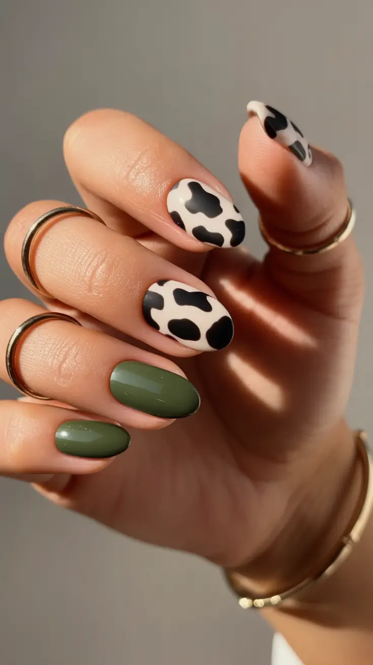 summer spring break nails 2026 Olive and Cow Print Nails for a Playful Spring Twist
