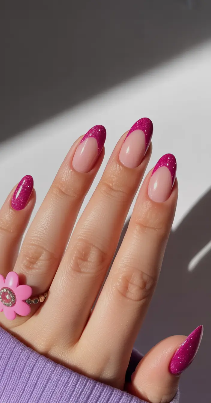 summer spring break nails 2026 Magenta Sparkle French Nails for a Bold Spring Moment