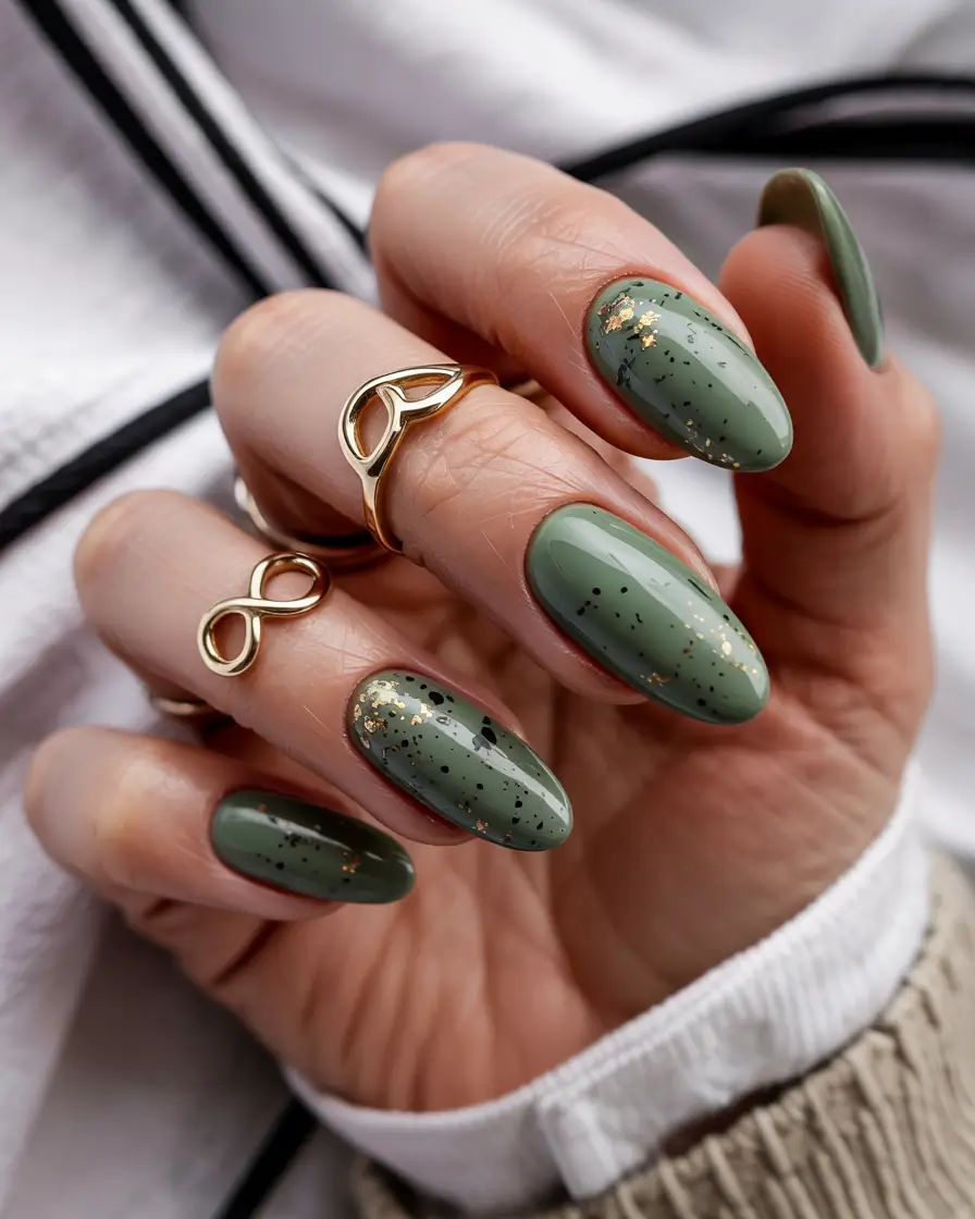 trendy green spring nails 2026 Sage Almond Elegance with Gold Flecks
