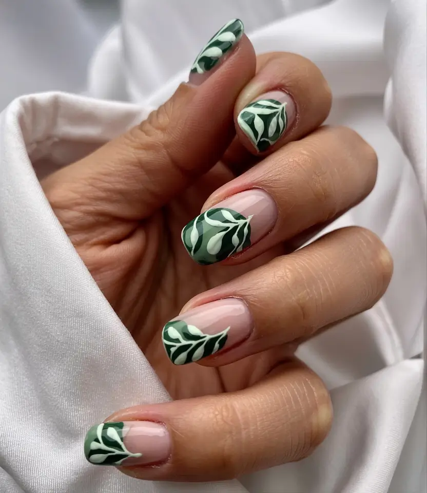 trendy green spring nails 2026 Botanical French with Deep Green Leaves