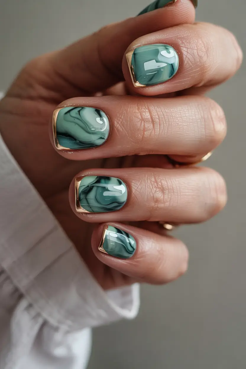 trendy green spring nails 2026 Deep Jade Marble with Gold Frame Edges
