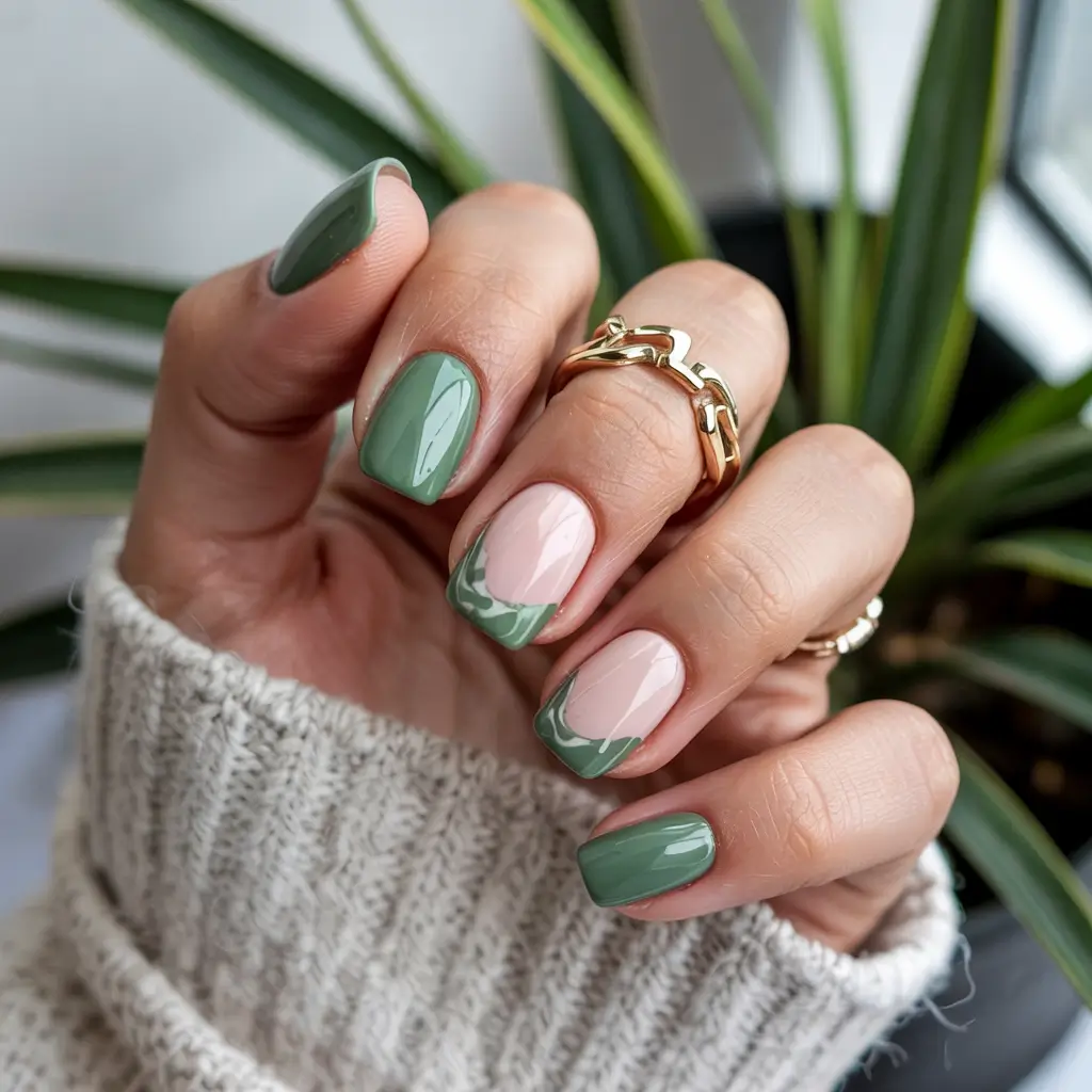 trendy green spring nails 2026 Muted Sage French with Soft Pink Base