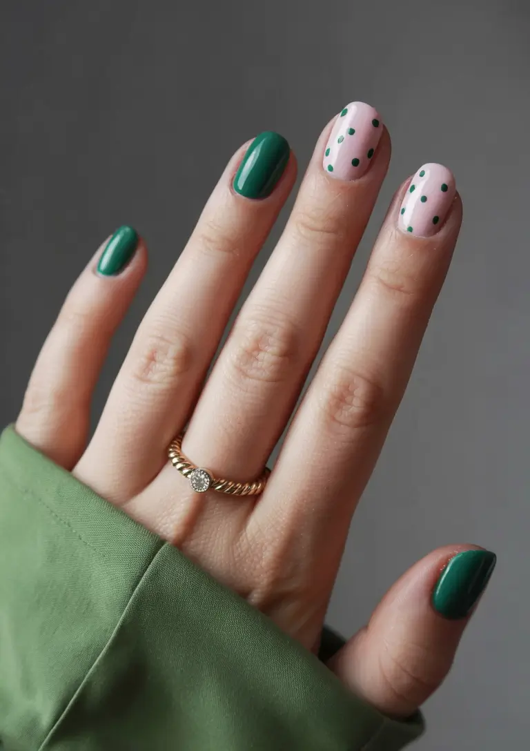 trendy green spring nails 2026 Emerald and Blush Polka Dot Play