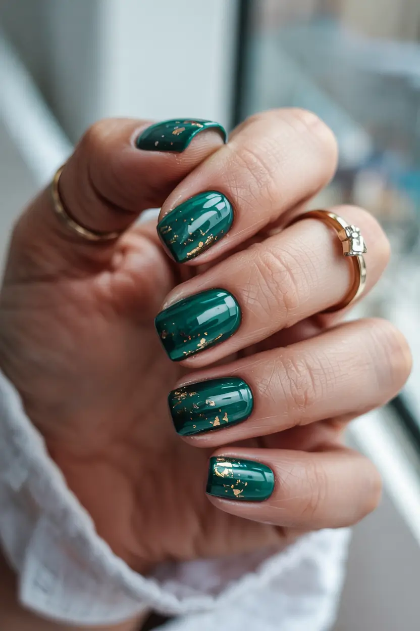 trendy green spring nails 2026 Glossy Forest Green with Gold Foil Accents